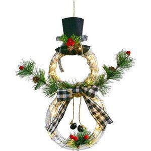 Lighted Christmas Wreath Decoration, 16 x 8 Inch Grapevine Wreath with Hat & Bow